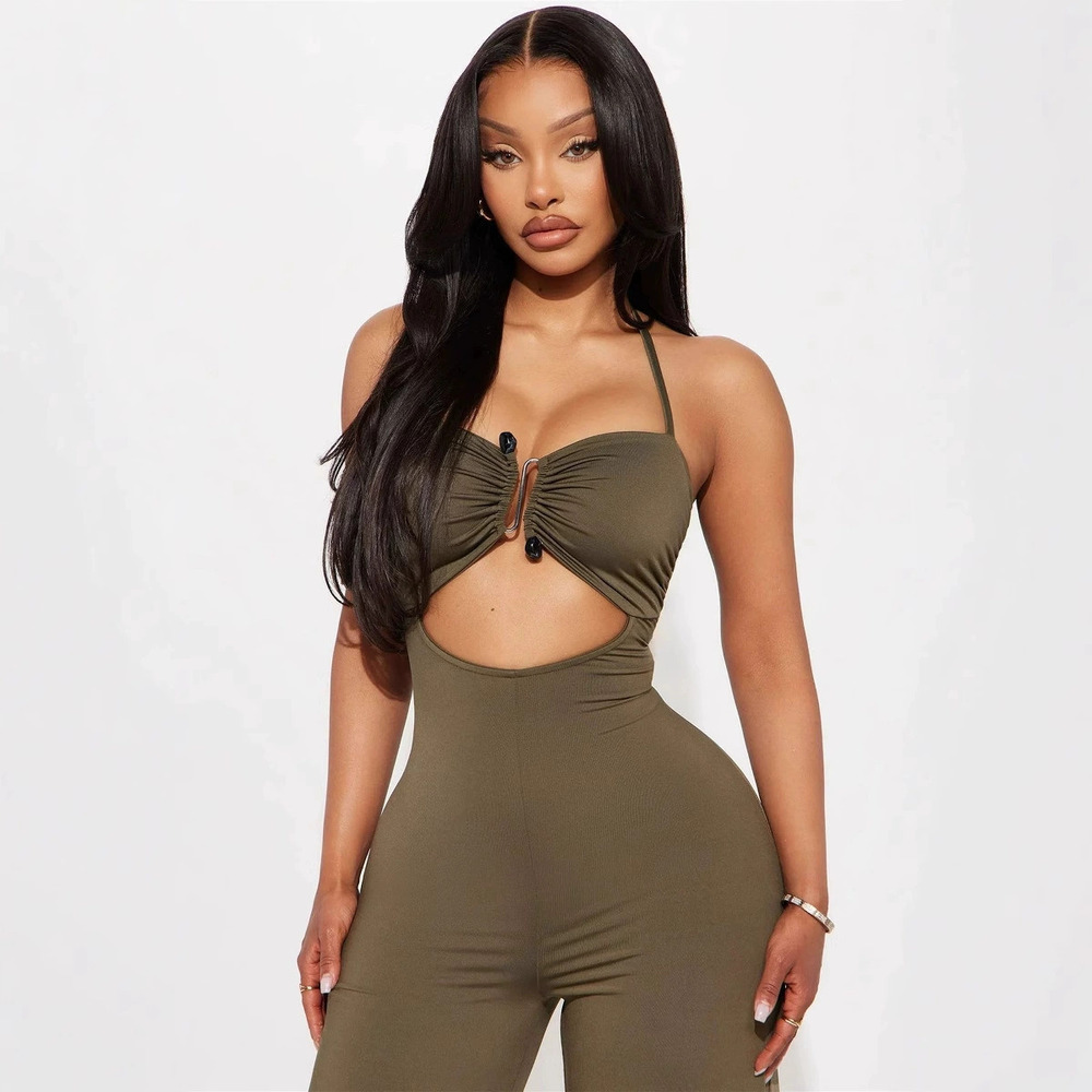 ZARA Fashion Solid Color Halter Neck Metal Backless Cutout Straight Jumpsuit